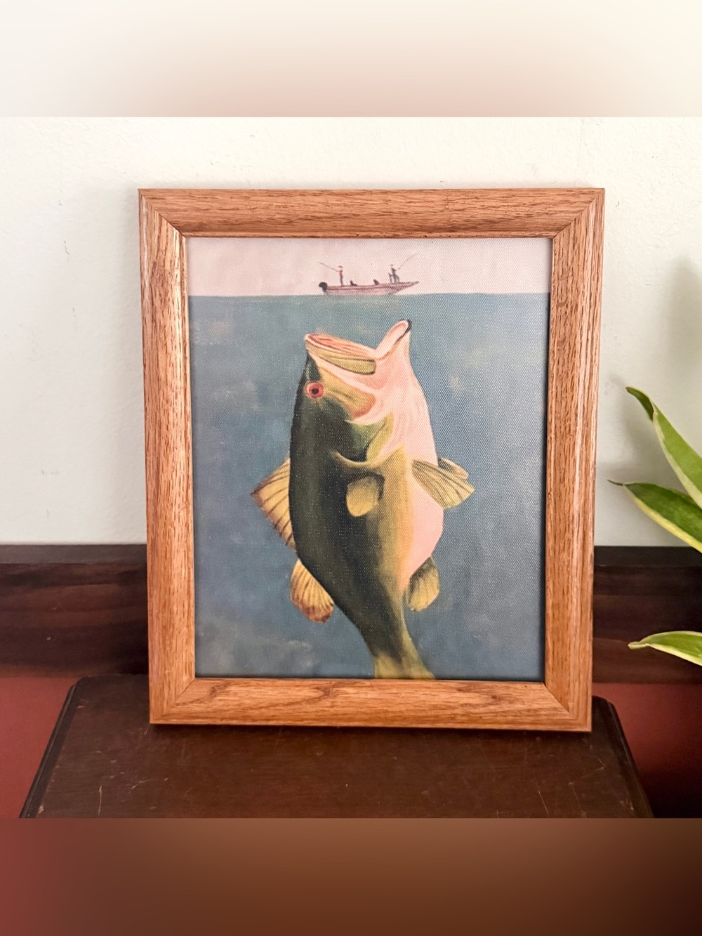 Rustic Wood Framed Bass Fish Canvas Art Print Jaws Parody Fisherman Decor Lake